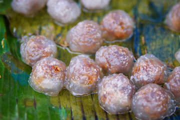 Thai dessert food Steamed Tapioca dumpling sago balls with pork filling traditional thai appetizer street food called Saku Sai Moo