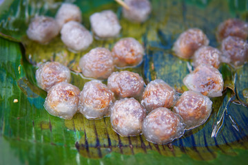 Thai dessert food Steamed Tapioca dumpling sago balls with pork filling traditional thai appetizer street food called Saku Sai Moo