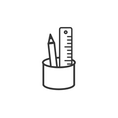 Black line Pencil case stationery icon isolated on white background. Pencil, pen, ruler in a glass for office. Vector Illustration