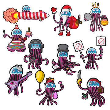 The set of characters of the cartoon jellyfish isolated on a white background. Vector image