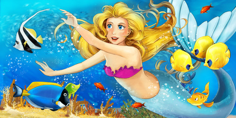 Plakat Cartoon ocean and the mermaid in underwater kingdom swimming with fishes - illustration for children