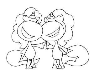 Coloring book for kids - unicorns Two best friends. Valentines day. 14 February. Black and white cute cartoon unicorn. Vector illustration.