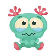 Cute Monster Sitting with His Eyes Full of Tears Vector Illustration