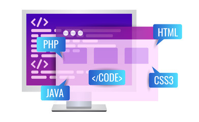 Website development, program code. Icon Personal computer with program code and footnotes php, java, html, css, html. Vector illustration isolated on white background.
