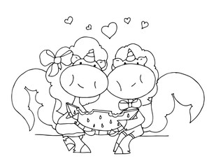 Coloring book for kids - unicorns boy and girl eats one slice of watermelon together. Valentines day. 14 February. Black and white cute cartoon unicorn. Vector illustration.