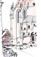 drawing gothic cathedral in Krakow, country name - Poland