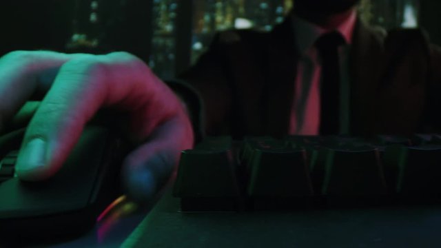 Business Man Fingers Programming Database At Night Office Quantum Computing Neural Network Slow Motion Macro 8k