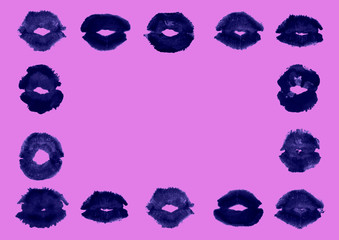 Presentation poster card frame with free blank copy space for text: dark blue (black) lipstick kiss on pink background. A4, A5, A6 paper. For Valentine's cards decoration. With love!
