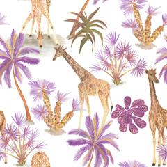 Watercolor painting seamless pattern with giraffe and palm tree