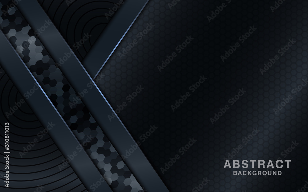 Poster dark modern background with overlap layer and hexagon texture.