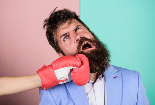 businessman failed. knockout punching. who is right. Strength and power. family life. woman boxing glove beat man. problems in relationship. sport. bearded man hipster defeated by woman