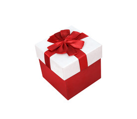 Single red gift box decorative with colorful bow ribbon isolated on white background , clipping path for Valentine's day or Christmas , New Year