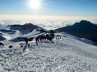 Fotobehang Kilimanjaro hikers on the ridge ascend mount kilimanjaro the tallest peak in africa.