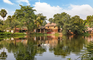 Fototapeta na wymiar Village pond with view mud hut and ducks swimming in the water at Bolpur district of West Bengal, India