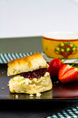 Cream tea, English scone, jam, cream, cup