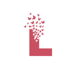 The letter L dispersing into a cloud of butterflies and moths