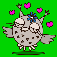 Emoticon with a happy cool owl that took off on a green lawn, and hearts surround its head, color vector clip-art