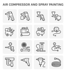 Air compressor icon. Consist of spray gun or airbrush for auto paint repair. Including with pressure tank, bicycle pump, air blow gun, pressure gauge, pneumatic staple, drilling tool, jack hammer etc.