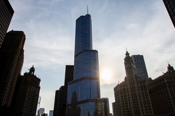 Fototapeta premium Skyscrapers in a financial district at surise, looking up perspective, Chicago, USA