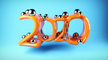 Figure 2020 made of bright orange plastic with round chrome balls inside. Overall composition over studio blue lit background. Christmas and New Year mood design. 3d illustration