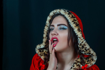 a series of photos of lively emotions, a portrait of a young beautiful sexy girl in a red dress...