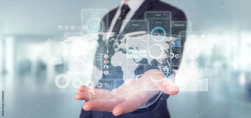 Poster businessman holding user interface screens with icon, stats and data 3d rendering