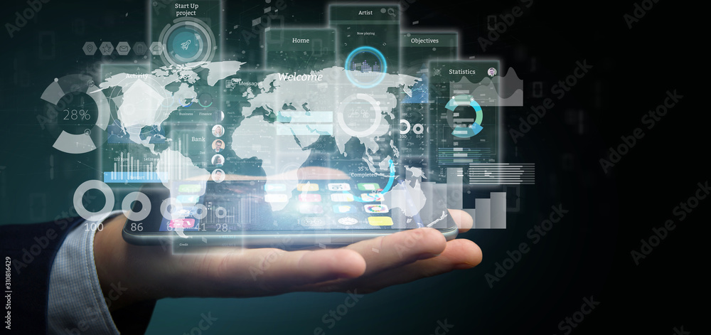 Poster businessman holding user interface screens with icon, stats and data 3d rendering