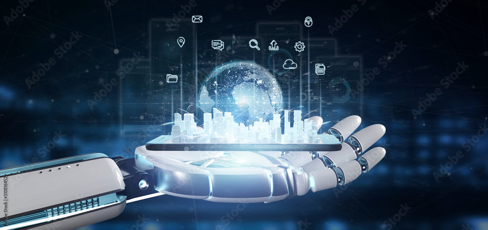 Poster cyborg hand holding smart city user interface with icon, stats and data 3d rendering