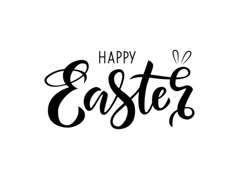 Hand drawn black lettering happy Easter with bunny ears on white background. Vector illustration for design of card, banner, logo, flayer, label, icon, badge, sticker