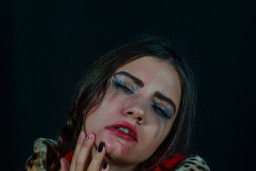 a series of photos of lively emotions, a portrait of a young beautiful sexy girl in a red dress...