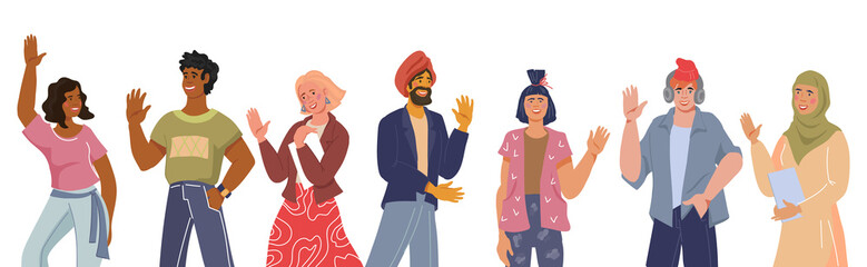 Obraz premium Multicultural diverse young people group with greeting welcoming gesture, flat cartoon vector illustration isolated. Diverse ethnic men and women in diversity and multiculturalism concept.
