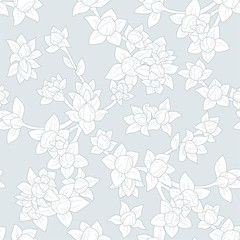 Vector seamless floral pattern with white branches on the grey background