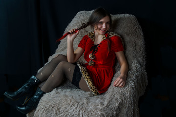 a series of photos of lively emotions, a portrait of a young beautiful sexy girl in a red dress