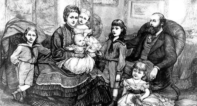 Albert Edward Prince of Wales, Princess Alexandra of Denmark and family. Vintage, antique drawing 1872,