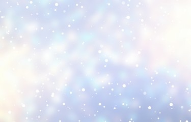 Snow falls on background of Christmas garland lights. Bright glow on pastel blue empty backdrop. Blur texture. Winter abstract illustration.