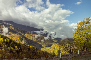Fototapeta na wymiar Mountain slopes covered with forests and low thunderclouds in Svaneti in the mountainous part of Georgia