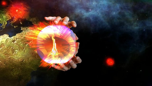 Animated design on a Horoscope or a prediction theme with hands moving around a fiery globe set against a night sky background with planet earth.