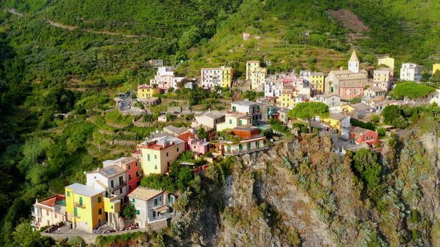 Corniglia - Village of Cinque Terre National Park at Coast of Italy. Province of La Spezia, Liguria, in the north of Italy - Aerial View - Travel destination and attractions in Europe.