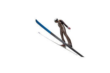 Jumping skier isolated on white.