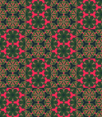Seamless pattern tiled ornament. Floral textile print. Islamic vector design. Oriental background with abstract flowers. Hexagonal patchwork swatch. Stained glass vitrage.