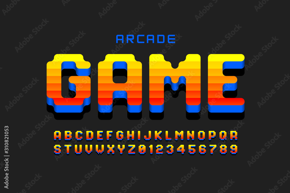 Poster arcade game style font design, retro 80s video game alphabet, letters and numbers