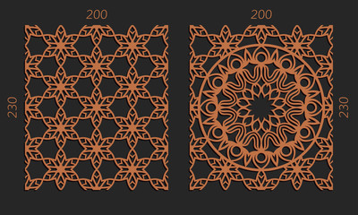 Laser cutting set. Woodcut vector trellis panels. Plywood lasercut floral design. Hexagonal seamless patterns for printing, engraving, paper cut. Stencil lattice ornaments.