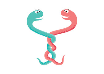 Two intertwined snakes vector. Couple of snakes falling in love vector. Snake cartoon character. Snakes in love icon