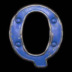 Uppercase letter Q made of painted metal with blue rivets on black background. 3d