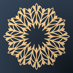 Laser cutting mandala. Golden floral pattern. Oriental silhouette ornament. Vector coaster design.