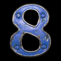 Number 8 made of painted metal with blue rivets on black background. 3d