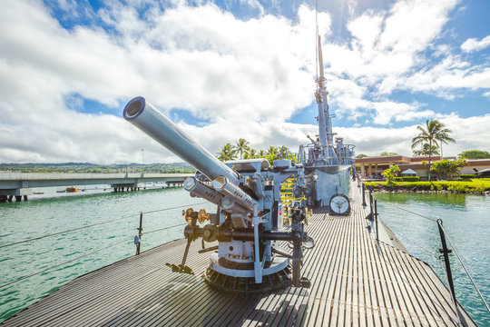 HONOLULU, OAHU, HAWAII, UNITED STATES - AUGUST 21, 2016: machine gun of the USS Bowfin Submarine SS-287 at Pearl Harbor memorial site. National historic and patriotic landmark.