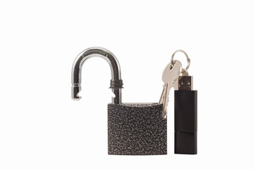 Metal lock, hard drive and flash drive. Security.