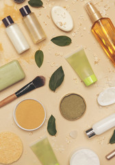 Fototapeta na wymiar Natural organic cosmetic flat lay. Home spa concept. Skin, body and hair care products. 