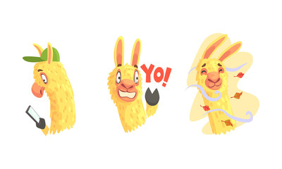 Cute Lama Character Walking in Windy Day and Reading Message on Smartphone Vector Set